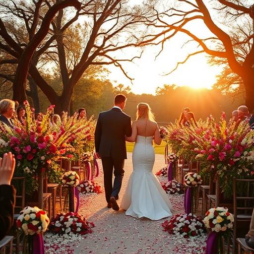 A beautiful wedding scene showing a newly married couple walking hand-in-hand down a flower-strewn aisle after their ceremony in Zilker Park.