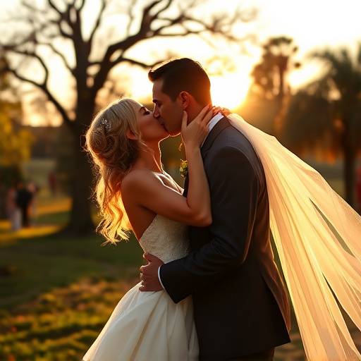 A beautifully dressed bride and groom share a kiss during their outdoor wedding ceremony in Zilker Park, Austin.
