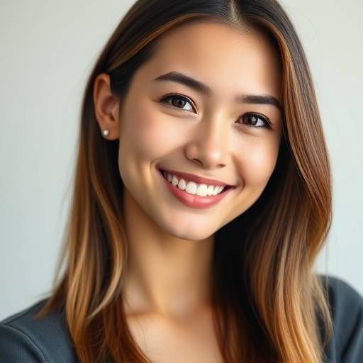 A close-up headshot portrait of a young professional woman smiling confidently in a natural light studio.