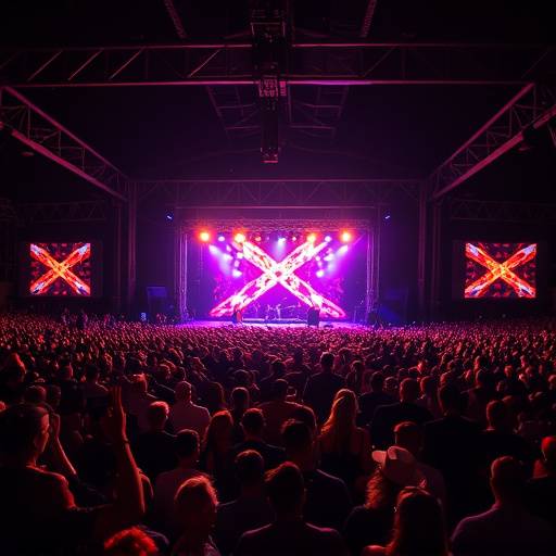 A photographer capturing the energy of a live music event at a concert venue in Austin, showing the stage and the vibrant crowd.