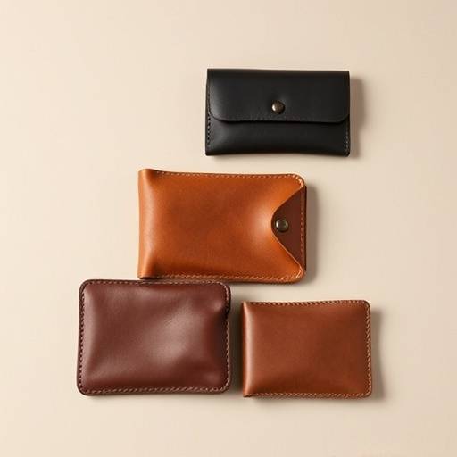 A professional product shot displaying a collection of handcrafted leather wallets and accessories on a clean, neutral background for a local artisan.