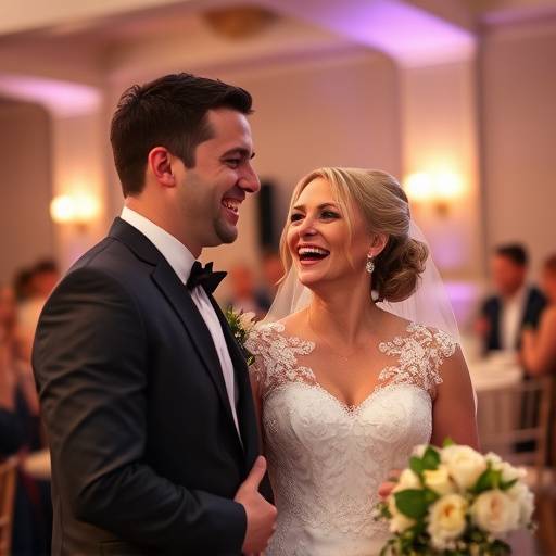 Candid shot of a bride and groom sharing a joyful moment during their wedding reception, laughing and surrounded by loved ones.