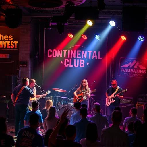 Dynamic photograph of a live musical performance at the Continental Club in Austin, capturing the energy of the band and the audience.