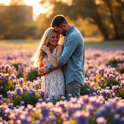 Romantic photograph of an engaged couple embracing each other amidst the Texas bluebonnets, capturing the joy and excitement of their upcoming wedding.