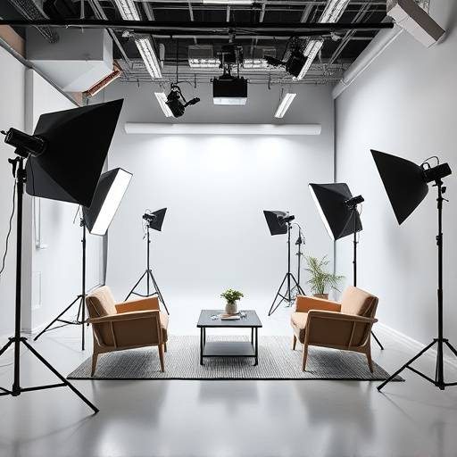 The interior of Ethereal Lens Studios, showcasing a clean and modern space with professional lighting equipment and comfortable seating areas.
