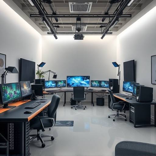 The studio's editing suite, equipped with high-end computers and software for post-processing.