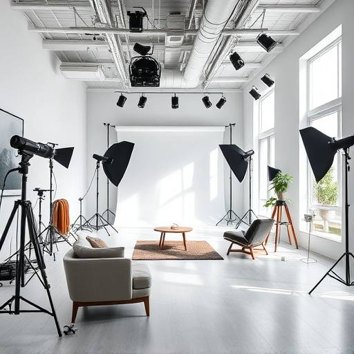 Wide angle view of the modern and well-equipped interior of Ethereal Lens Studios, showcasing the lighting equipment, backdrops, and comfortable seating area.